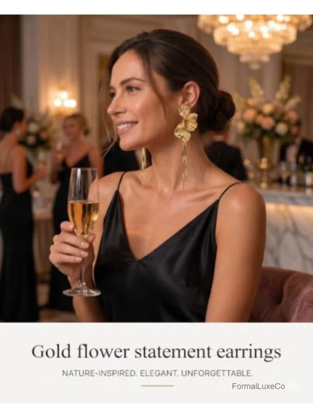 Gold Plated Flower Tassel Earrings Statement Long Dangle Jewelry Gift Box